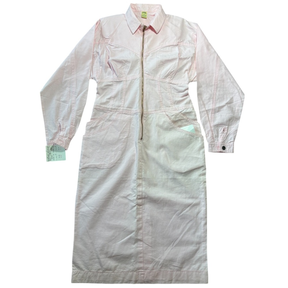 VINTAGE NWT Pink JAG Corset Zip Up Long Sleeved Collared Shirt Dress Cotton SZ L
